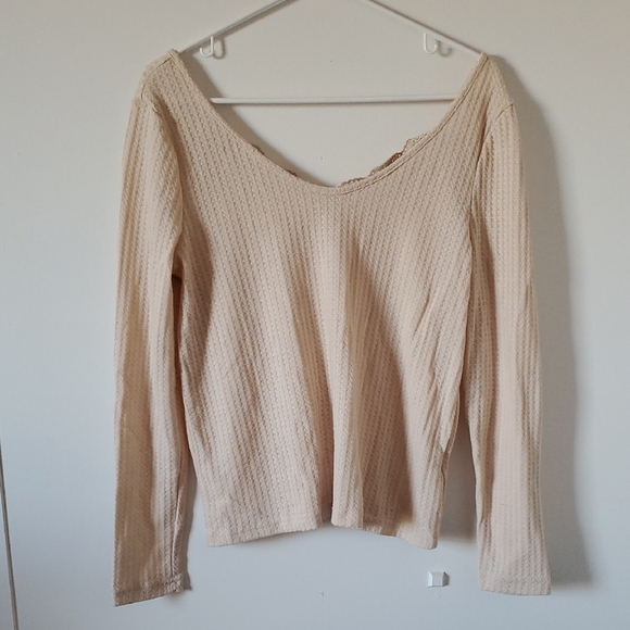 SHEIN Lace Waffle Knit Tee Cream Colored Long Sleeve Shirt Women's Size Small - Picture 3 of 7